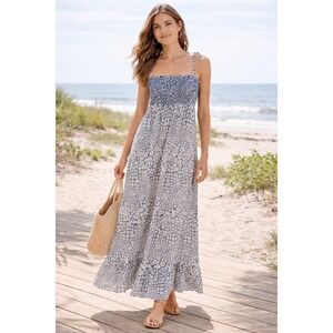 Liberty of London Target Floral Smocked Maxi Dress S Navy Blue Boho Summer